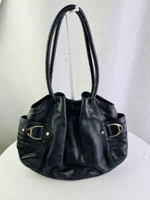 Cole Haan Black Pebbled Leather Shoulder Bag Braided Double Handled Satchel Tote