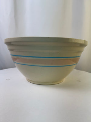 McCoy Pottery Rare 14.25" USA Oven Ware Stoneware Dough Bowl Pink & Blue Stripes