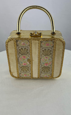 Vintage Golden Thimble Women's Embroidered Pattern Gold Trim Handbag Purse