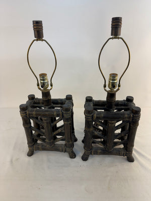Pair Pacific Coast Lighting Faux Bamboo Table Lamps Vintage 2002 Open Cage MCM