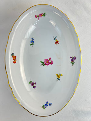 Meissen Porcelain Oval Platter Hand Painted Purple Rose Floral Gold Dish 10.5"