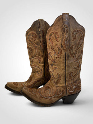 Corral Women's Distressed Tan Leather Studded Embroidered Cowboy Boots G1240 8M