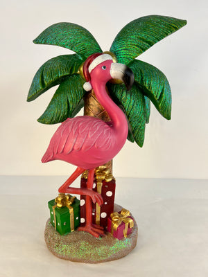 23" Solar 3D Flamingo in Santa Hat Under Palm Tree Christmas