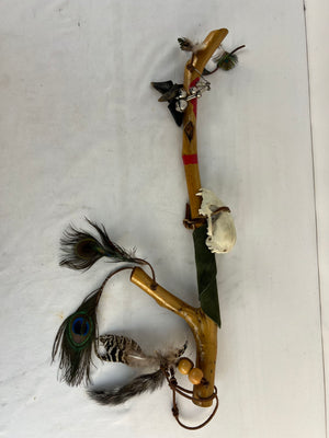 Vintage Native American Style Shaman Talking Stick Animal Skull Feathers Bells