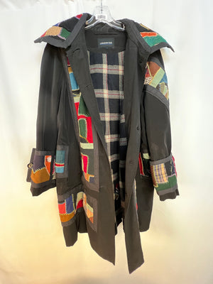 London Fog Patchwork Trench Coat Hooded Plaid Lined Long Jacket Vintage Style