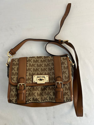 Michael Kors MK Monogram Brown Canvas Crossbody Messenger Bag Buckle Satchel
