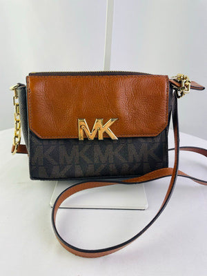 Michael Kors Signature Florence Small Crossbody Bag Brown Tan Coated Canvas