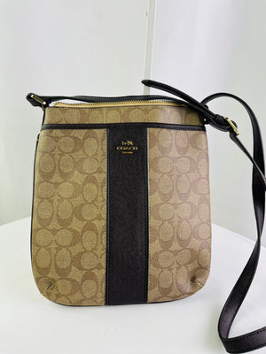 Coach Signature Stripe Swingpack Crossbody Bag Brown Khaki Coated Canvas F51065