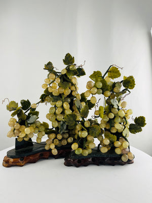 Jade & Quartz Grapevine Sculptures on Wood Base 16" Set 2 Vintage Chinoiserie