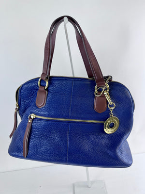 Isaac Mizrahi Blue Pebbled Leather Satchel Handbag with Brown Trim