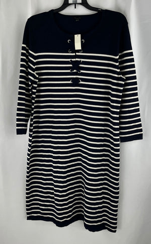 Talbots Women Navy White Striped 3/4 Sleeve Casual Midi Dress Sz L NWT MSRP $129