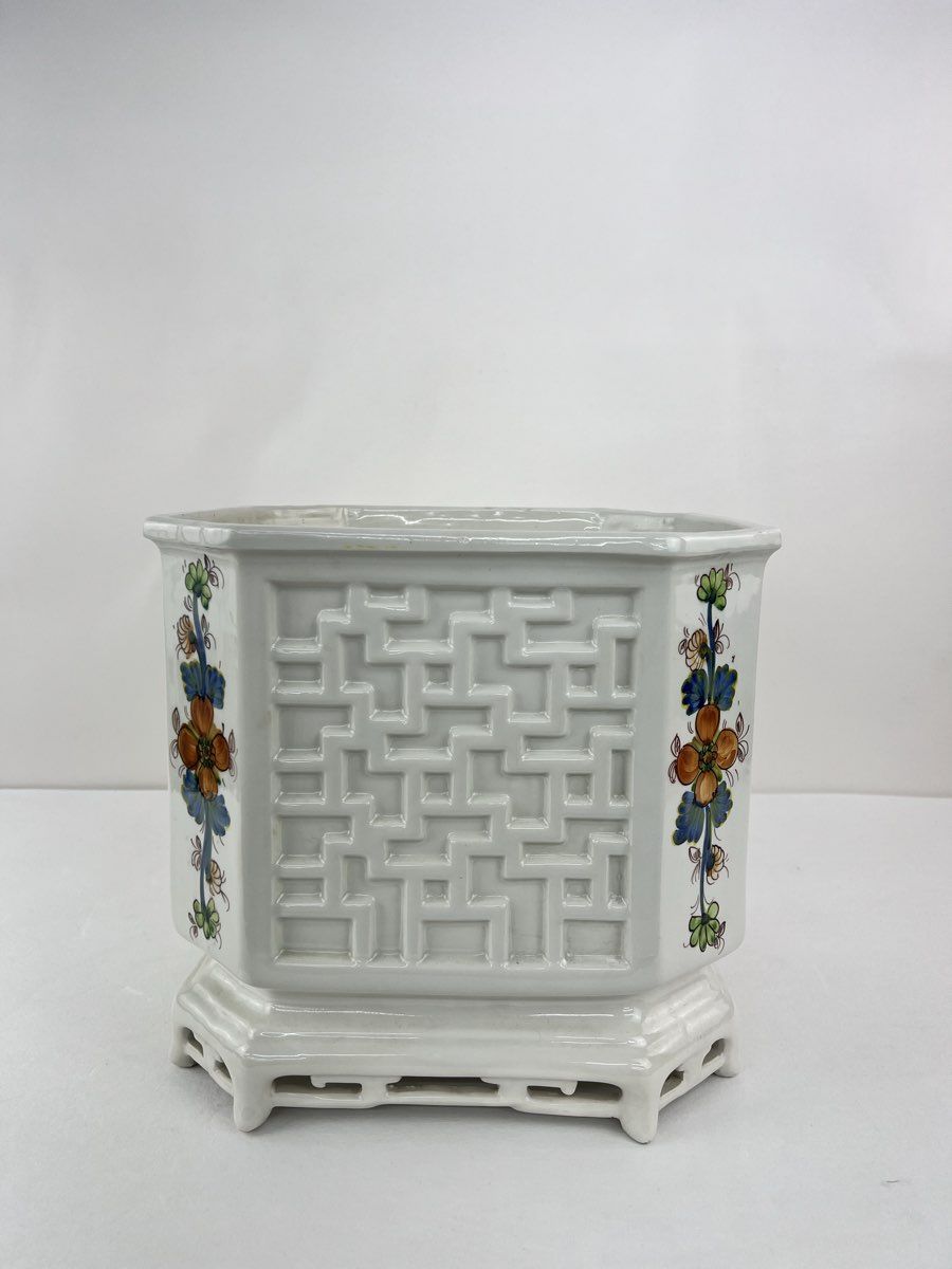 Vintage Italian Octagonal Lattice Floral Hand-Painted Ceramic Planter Cachepot