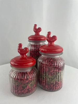 Red Rooster Lid Glass Storage Canisters Farmhouse Country Set of 3