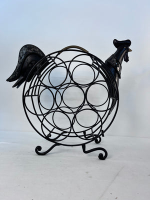 Vintage Iron Rooster Chicken 7 Bottle Wine Rack French Country